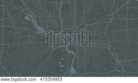 Dark Grey Vector Background Map, Columbus City Area Streets And Water Cartography Illustration. Wide