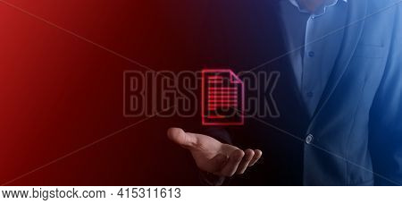 Businessman Man Holding A Document Icon In His Hand Document Management Data System Business Interne