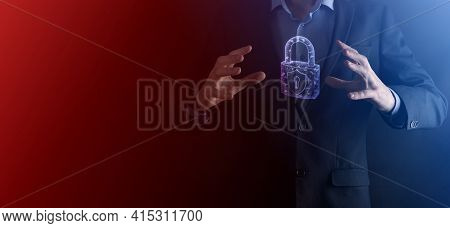 Cyber Security Network. Padlock Icon And Internet Technology Networking. Businessman Protecting Data