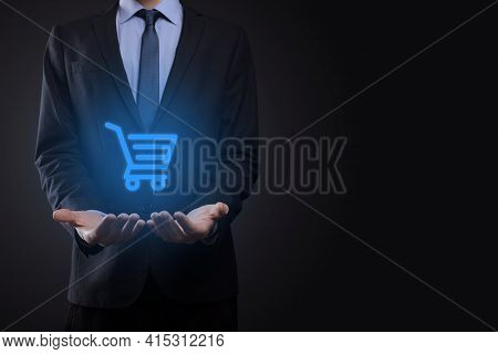 Businessman Man Holding Shopping Cart Trolley Mini Cart In Business Digital Payment Interface.busine