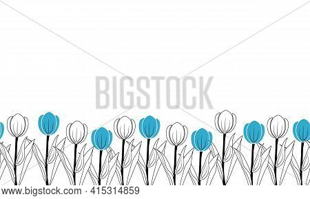 Floral Seamless Pattern In One Row Blue Tulip. Spring Flower Border For Fabric Greeting Card Invitat