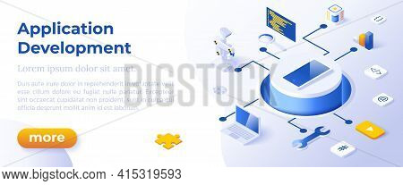 Application Development - Isometric Design In Trendy Colors Isometrical Icons On Blue Background. Ba
