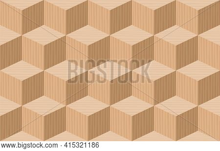Cube Pattern. Three Dimensional Wooden Cubes, Seamless Parquetry Textured Background. Vector Illustr