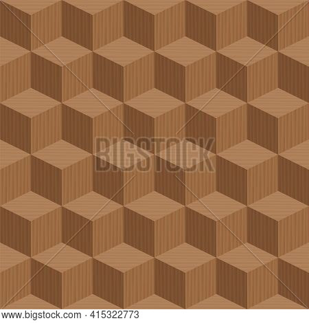 Seamless Cube Pattern. Wooden Cubes, Textured Dark Parquet. 3d Mosaic Vector Illustration.