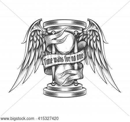 Hourglass With Wings And Ribbon With Wording Time Waits For No One. Tattoo In Engraving Style. Vecto
