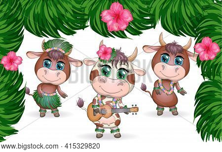 Tropical New Year 2021, Celebration. Group Of Cows And Bulls As Hula Dancers With Acoustic Ukulele G