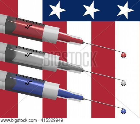 Syringes Filled With Red, White And Blue Liquid Are Seen In Front Of A Usa Flag In This 3-d Illustra