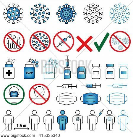 Collection Of Vaccine And Vaccination Icons. A Set Of Simple Linear Web Icons, Such As Human Vaccina