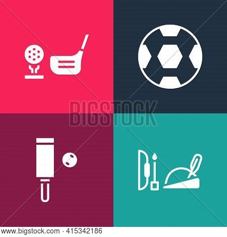 Set Pop Art Robin Hood Hat, Wood Cricket Bat And Ball, Football And Golf Club With On Tee Icon. Vect