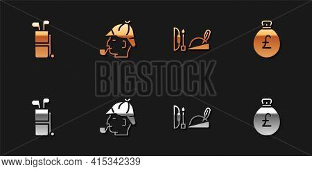 Set Golf Bag With Clubs, Sherlock Holmes, Robin Hood Hat And Money Pound Icon. Vector