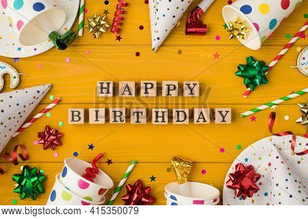 Above Photo Of Cups Drink Plates Confetti Candle Birthday Hat Bows Party Tubules Plates Whistle With