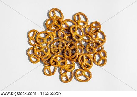 Bavarian Beer Snack. Mini Pretzels Bretzel, Crackers Salted Biscuit, Isolated On White Background. H