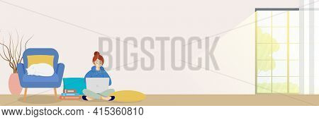 A Woman Working At Home. She Has A Lot Of Work, The Cat Also Sleeps. Woman Working With Laptop At He