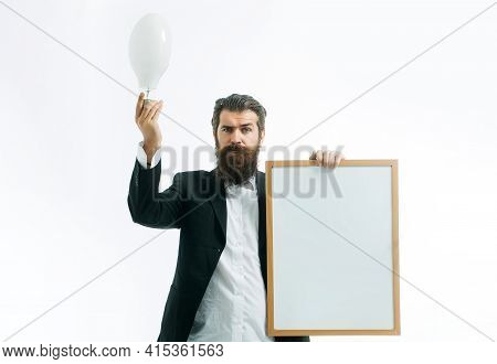 Young Handsome Bearded Man Scientist Or Professor Holding Teacher Board Isolated On White Background