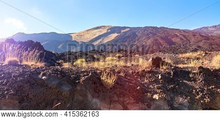 Mount Etna In Sicily Near Catania, Tallest Active Europe Volcano In Italy. Panoramic Wide View Of Th
