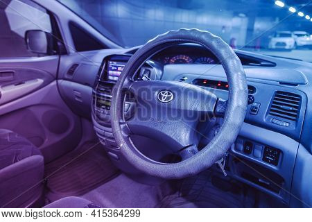Novosibirsk, Russia - April 01 2021: Toyota Estima,  Auto Interior: Steering Wheel With  Logo    And