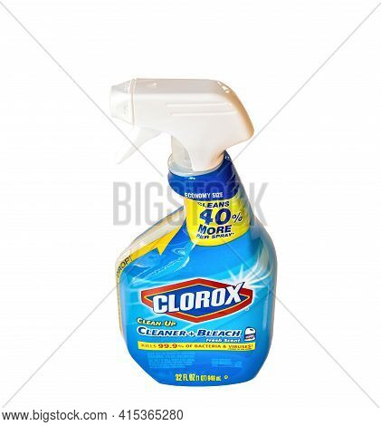Bemidji, Mn - 17 Nov 2020: A Plastic Spray Bottle Of Clorox Disinfecting Bathroom Cleaner With Bleac