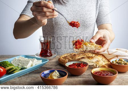 Healthy Turkish Breakfast, With Sliced Tomato, Cucumber, And White Feta Cheese, Small Bowls Of Straw