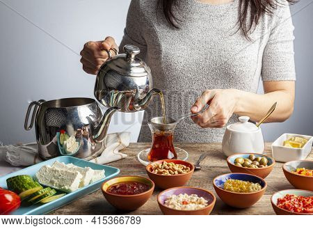 Healthy Turkish Breakfast, With Sliced Tomato, Cucumber, And White Feta Cheese, Small Bowls Of Straw