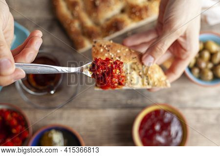 Healthy Turkish Breakfast, With Sliced Tomato, Cucumber, And White Feta Cheese, Small Bowls Of Straw