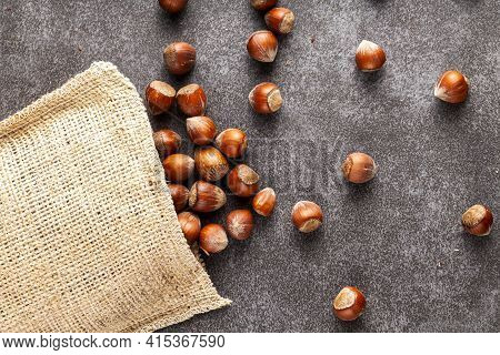 Closeup Flat Lay Image Of Hazelnuts In Shells Scattered From A Vintage Burlap Sack Onto Dark Backgro