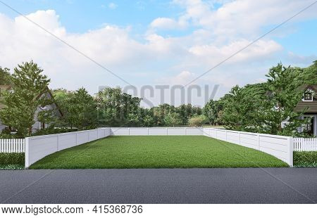 Vacant Land A Green Lawn With A White Fence Around In Front Of The Road The Background Is Natural 3d