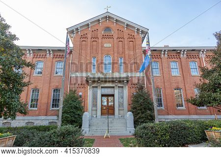Frederick, Md, Usa 11.24.2020: Frederick County City Hall Building. The Historic Brick Building With
