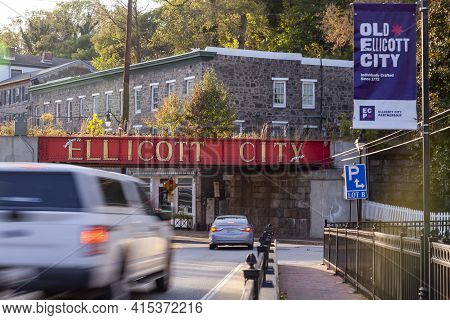 Ellicott City, Md, Usa 10/07/2020: Welcome To Ellicott City Sign Written In Large Capital Letters On