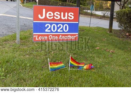 Ellicott City, Md, Usa 10/07/2020: Lgbt Flags With Notes On Related To Current Political And Social 