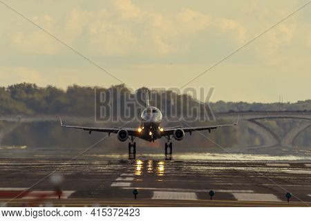 Washington Dc, Usa 10/02/2020:  An Airbus A 321 Airplane Is Taking Off From The Runway Of Dca Airpor