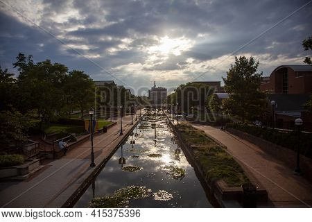 Frederick, Md, Usa 08/14/2020: An Afternoon View Of The Carroll Creek Park, Downtown Frederick. A Cr