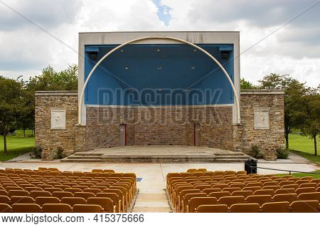 Frederick, Md ,usa 08/14/2020: An Open Air Stage Located At Baker Park .this Stone Stage Hosts Conce