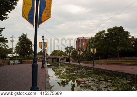 Frederick, Md, Usa 08/14/2020: An Afternoon View Of The Carroll Creek Park, Downtown Frederick. A Cr