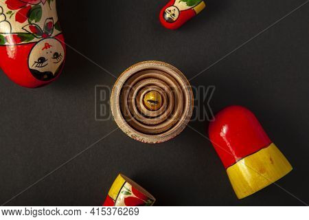 Upper Halves Of Wooden Russian Matrushka Dolls Were Scattered Randomly While Lower Haves Were Put To