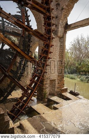 Close Up Image Of Historic Water Wheels In Hama, Syria These Are Large Mechanical Wooden Wheels Call