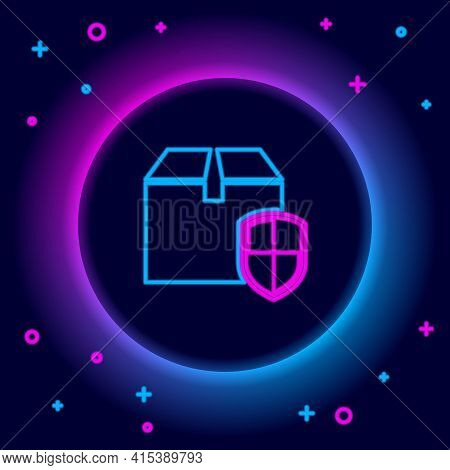 Glowing Neon Line Delivery Pack Security Symbol With Shield Icon Isolated On Black Background. Deliv