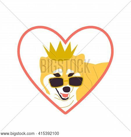 Japanese Dog In Golden Crown And Cool Pink Sunglasses. Heart Shaped Sticker Design With Pink Outline