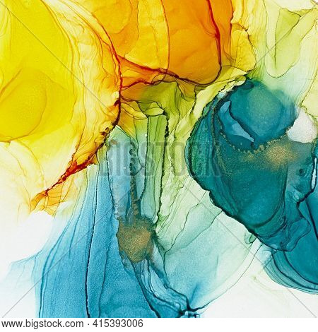 Alcohol Ink Air Texture. Azure, Blue, Yellow, Orange Abstract Background With Golden Glitters. Abstr
