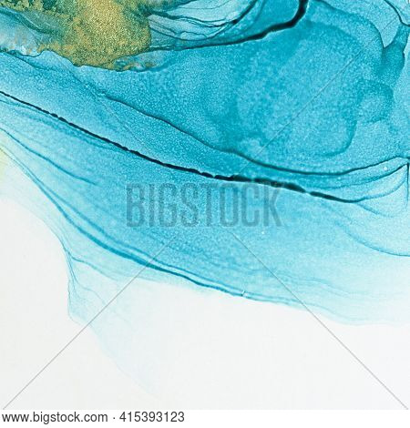 Alcohol Ink Air Texture. Azure, Blue Abstract Background With Golden Glitters. Abstract Translucent 