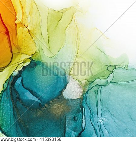 Alcohol Ink Air Texture. Azure, Blue, Yellow, Orange Abstract Background With Golden Glitters. Abstr