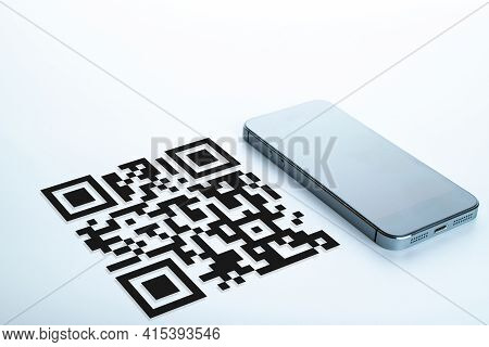 Scan Qrcode. Digital Mobile Smart Phone With Qr Code Scanner On Smartphone Screen For Payment, Onlin