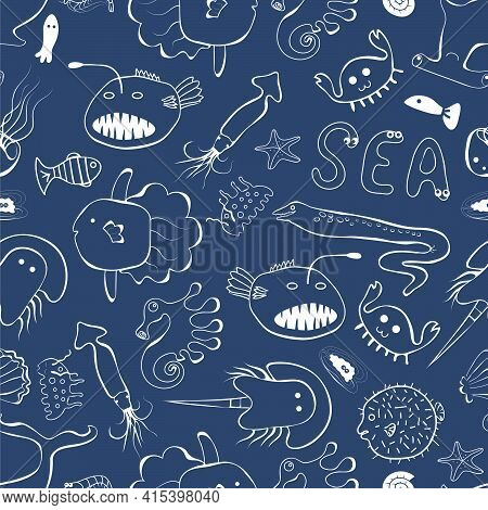 Cute Sea Creatures Line Style On The Dark Blue Background Seamless Pattern