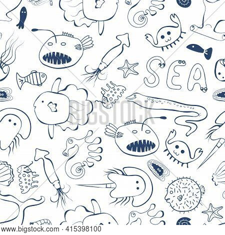 Cute Sea Creatures Line Style On The White Background Seamless Pattern