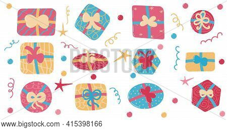 Colorful Gift And Present Boxes Set For Any Holidays Isolated Vector Illustration. View Abouve.