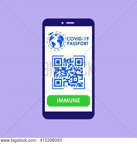 Vaccine Passport. A Smartphone App With A Qp Code For Travel During The Coronavirus Pandemic. Vector