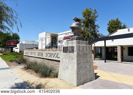 GARDEN GROVE, CALIFORNIA - 31 MAR 2021: Argonaut  Statue at Garden Grove High School.