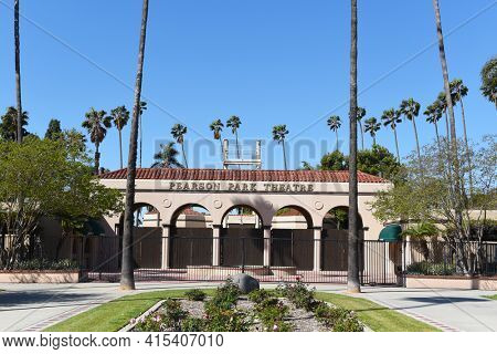 ANAHEIM, CALIFORNIA - 31 MAR 2021: Main Entrance to Pearson Park Theatre. Pearson Park Amphitheatre provides high quality family entertainment during the summer months. 