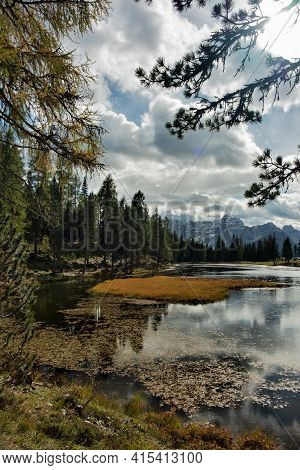 Beautiful Landscape Of Dantorno Lake In Dolomites Unesco World Heritage, Italy