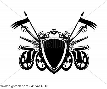 Antique Cannon Gun And Sabre Sword By Heraldic Shield Decorated With Flags And Rose Flowers - Armour