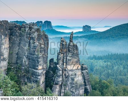 Jagged Rocks Near Blossstock And Affensteine, In The Background The Falkenstein Massif In The Valley